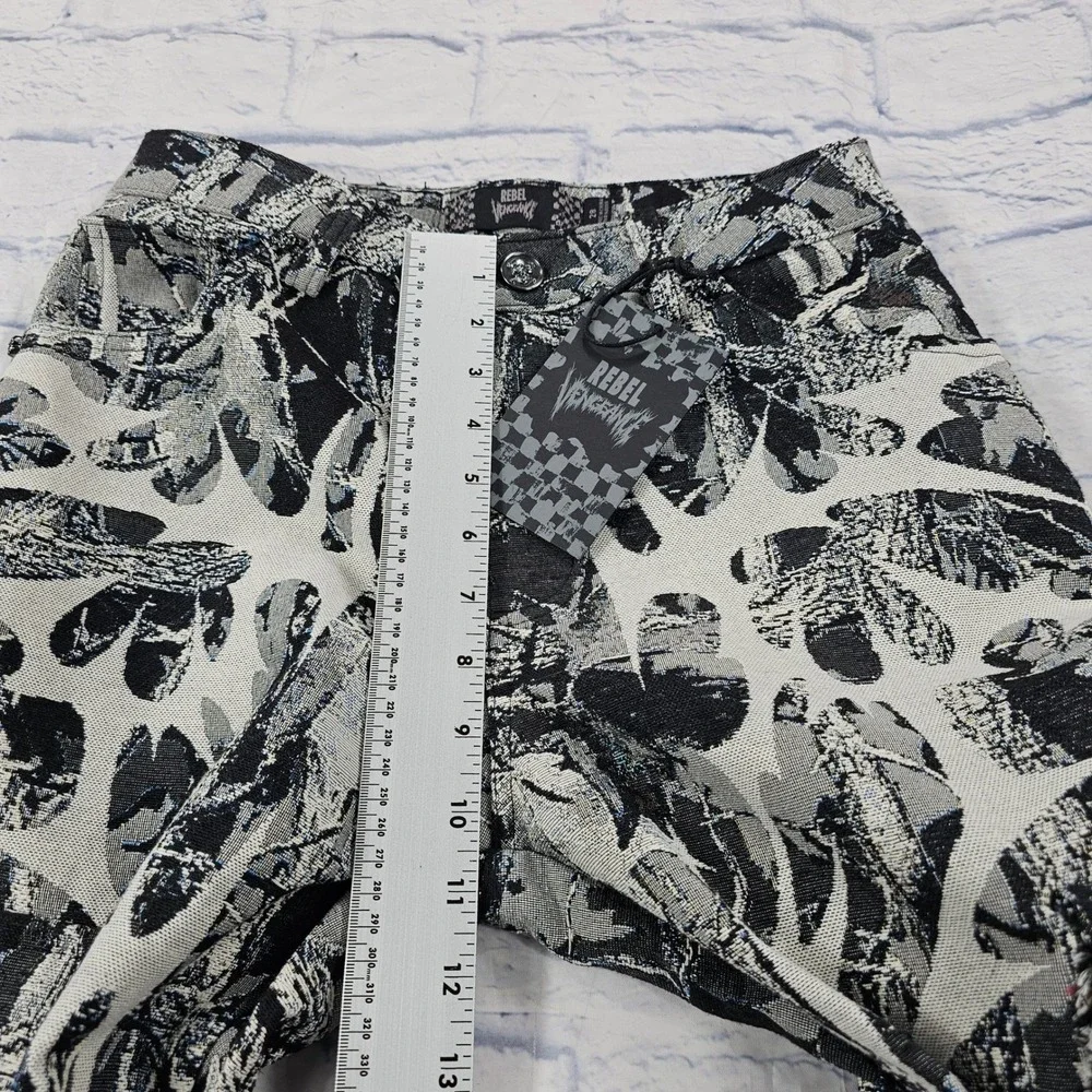 Rebel Vengeance Tapestry Cargo Pants Mens 28 Black White Tree Print Frayed Hem